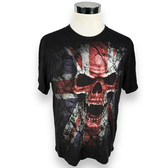 Vintage Spiral Skull T-Shirt Men’s Large Black Cotton Horror UK Flag Crew Neck - Picture 1 of 10